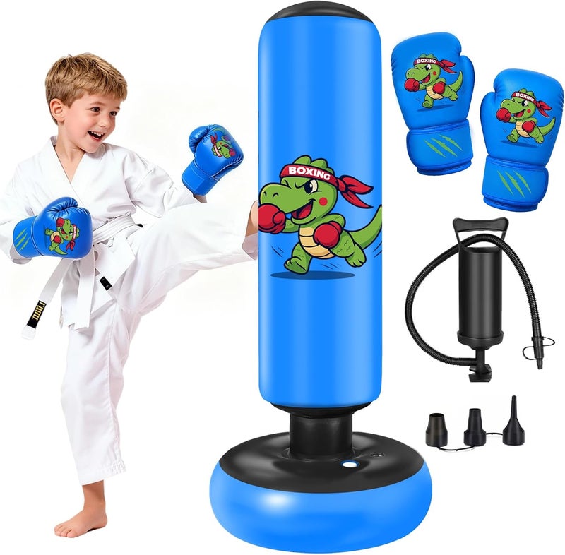 Qoosea Inflatable Punching Bag for Kids: 48 Inches Kids Punching Bags with Boxing Gloves & Air,Pump Blue Dinosaur Design Gift for Toddler & Kid Ages 3-10,Easy to Inflate,Durable Safe Punch Bag - Image 1